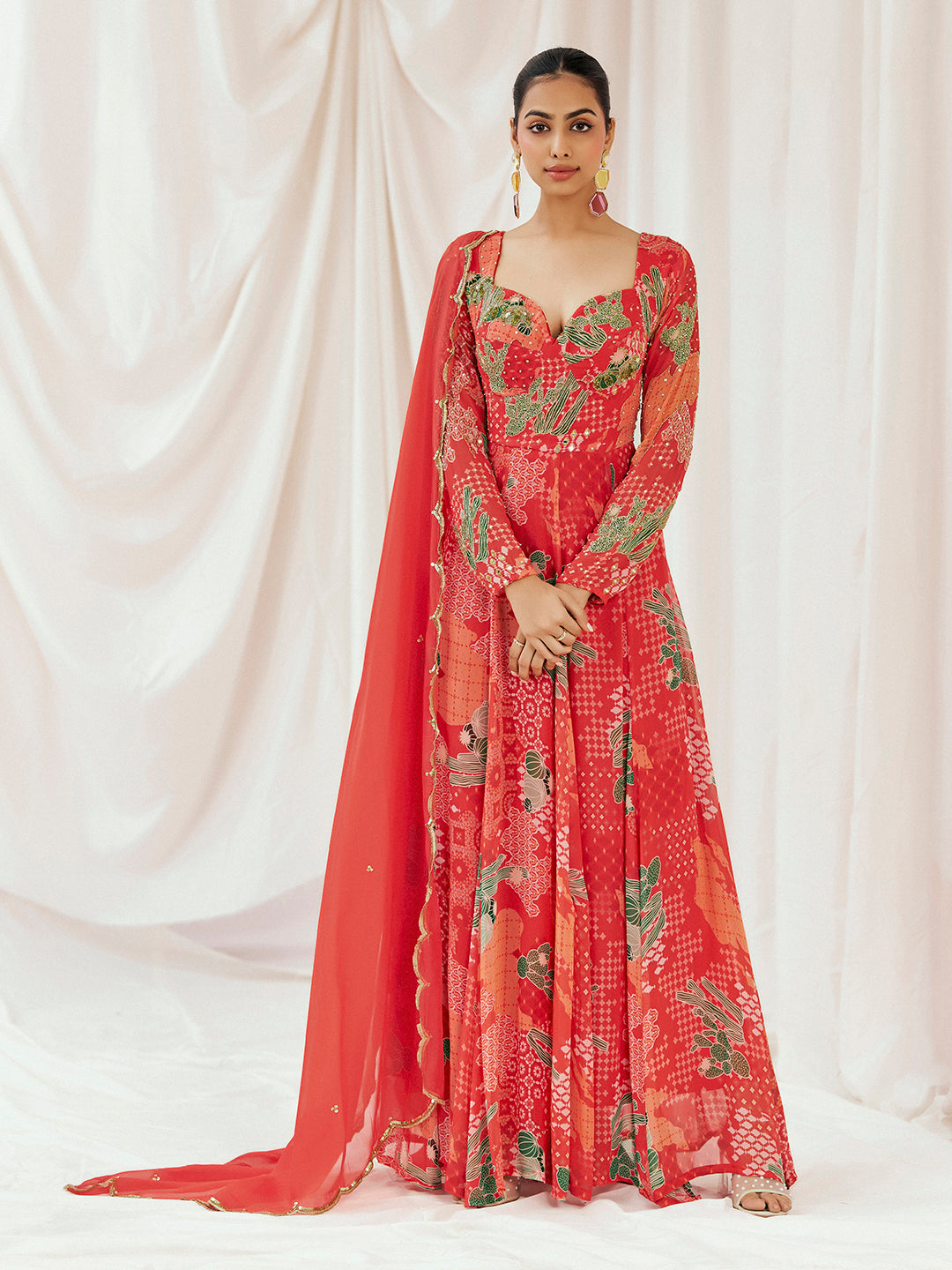 Red Printed Embroidered Anarkali Set with Dupatta image 0