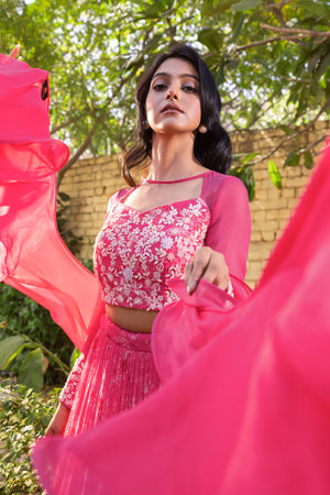 Pink Georgette &amp; Net Layered Lehenga Set - M image