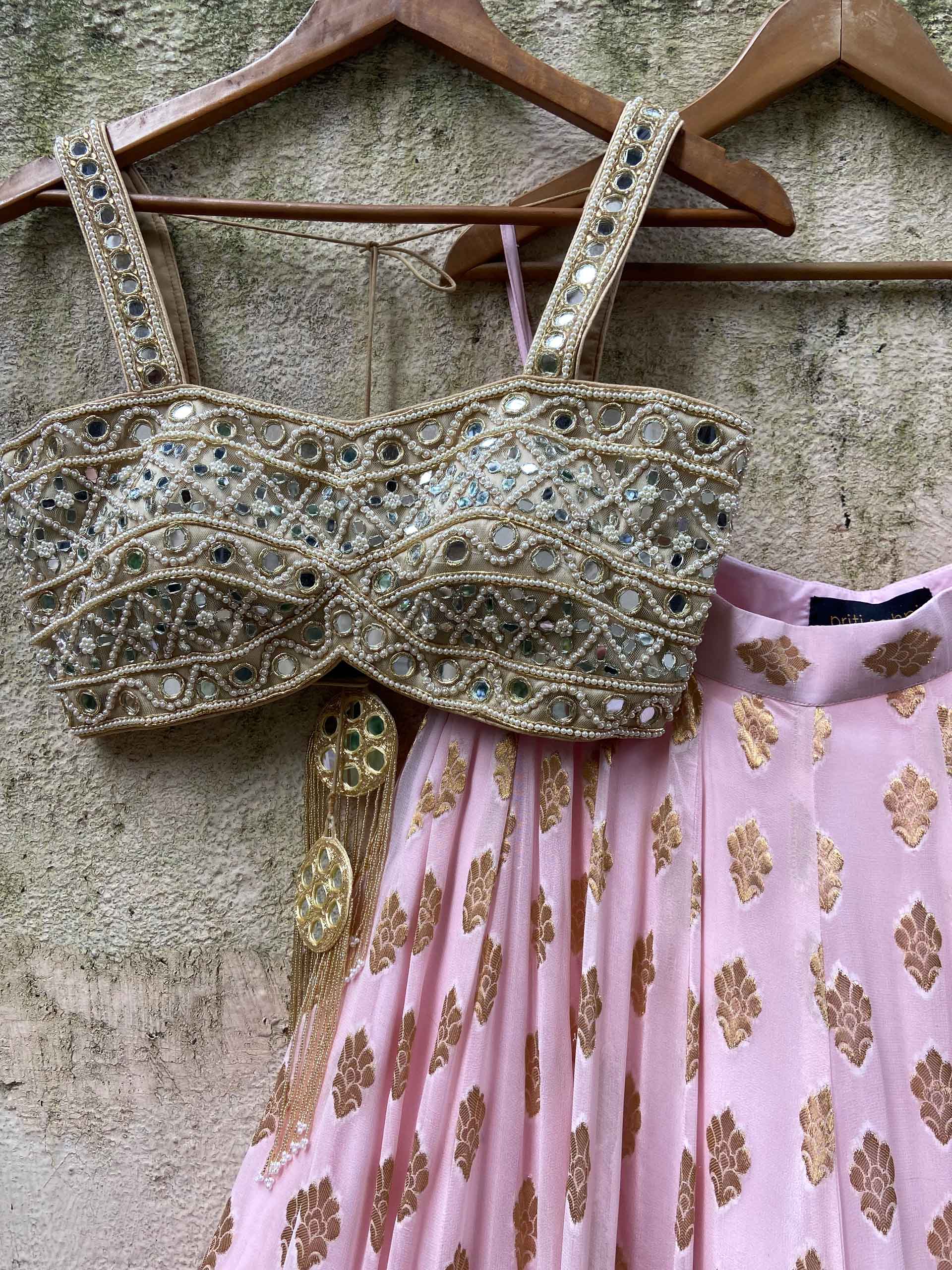 Powder Pink Butti Mirror Lehenga Set image 1