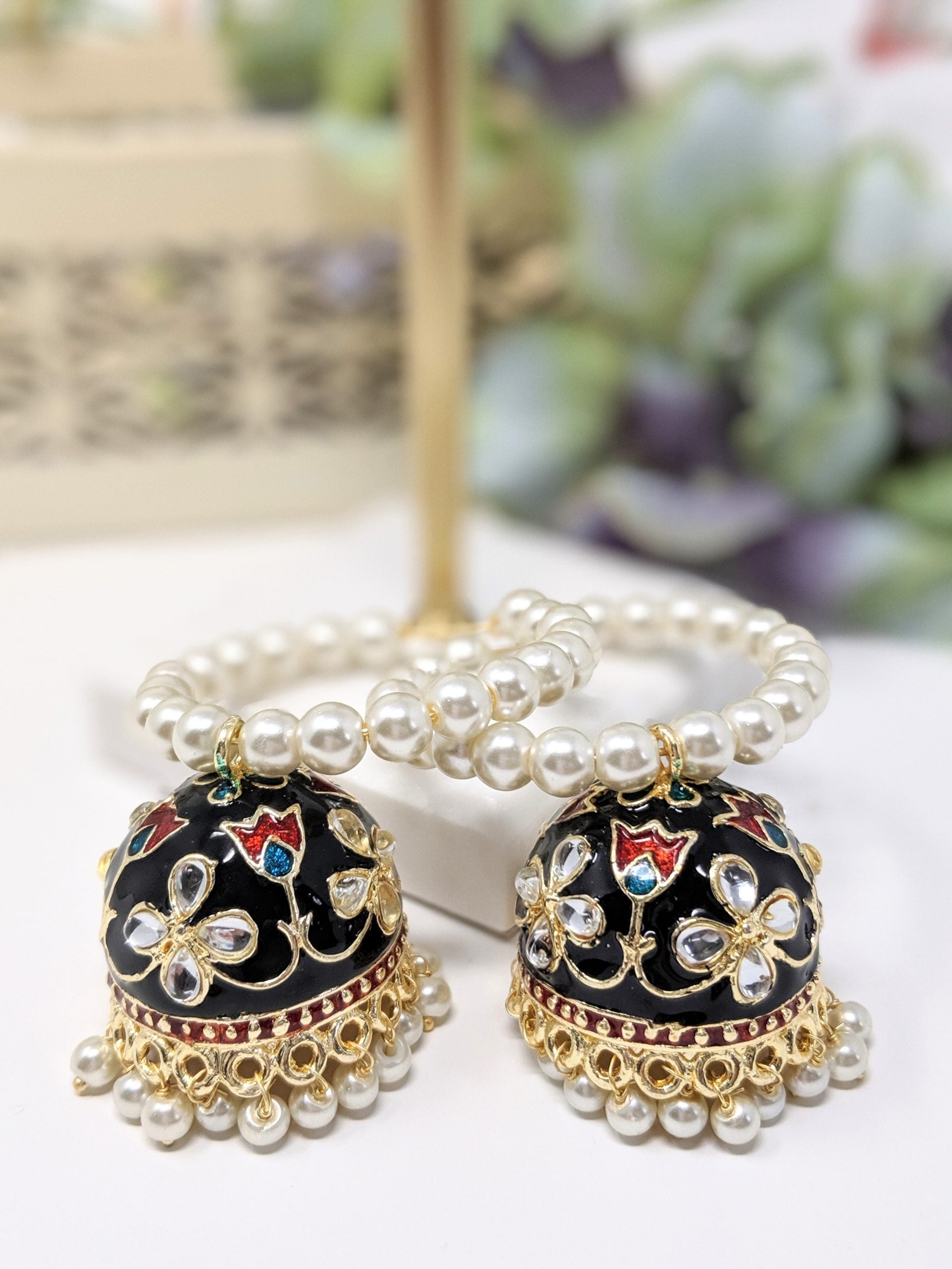Pearl Hoop with Meenakari Jhumka - Black image