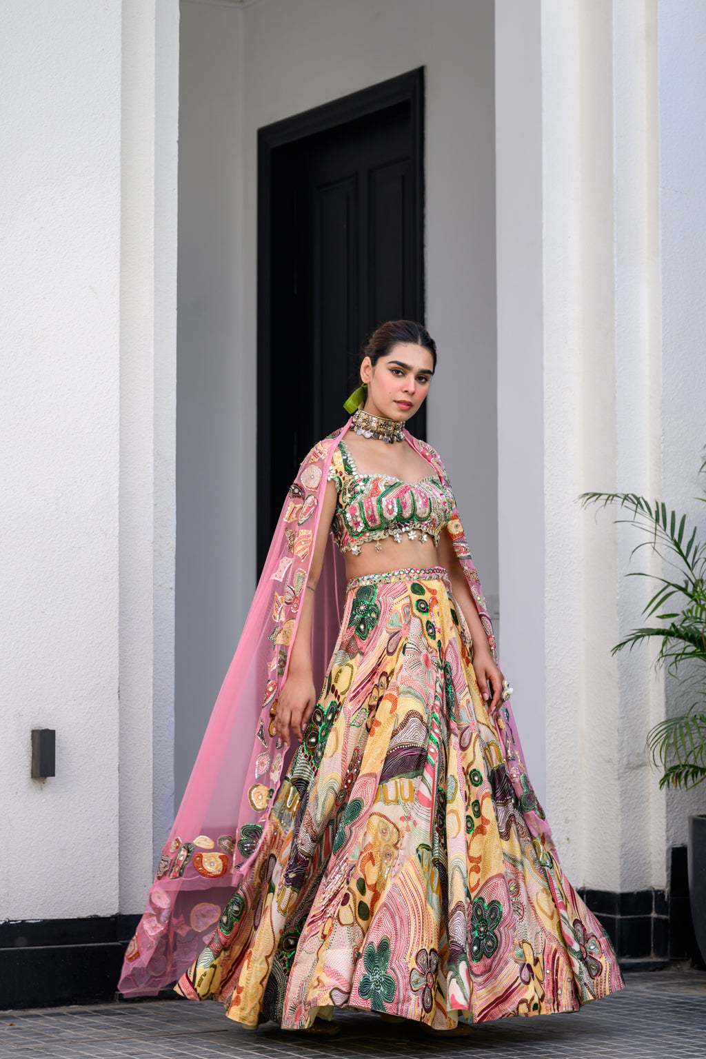 Flora Highlighted Lehenga Paidawn With Highlighted Blouse And Highlighted Applique Dupatta - M image