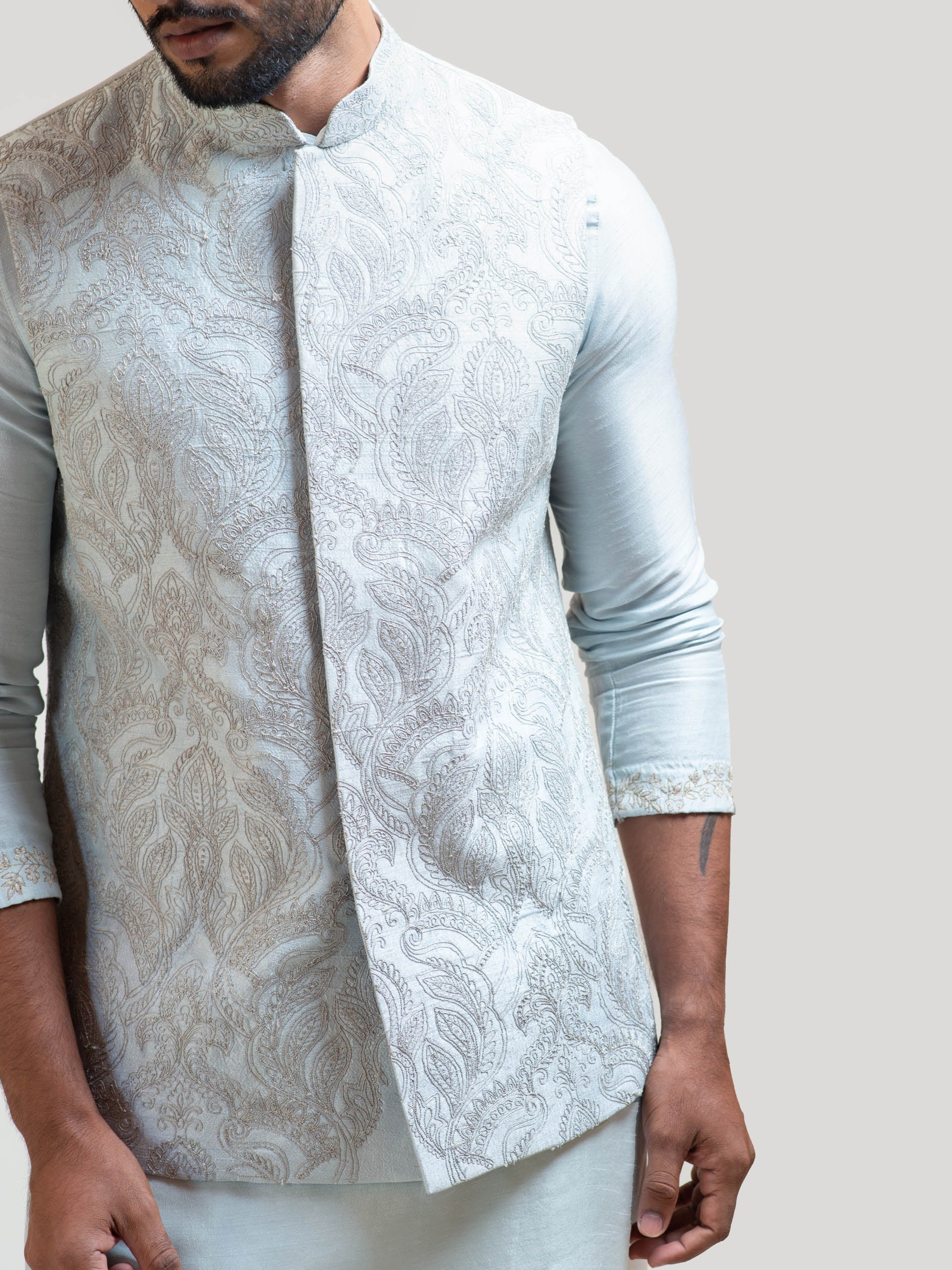 Ice Blue Zari Nehru Kurta Set image 1