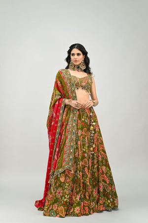 Olive Highlighted Lehenga Paired With Badla Embroidered Olive Blouse and  Dual Print Highlighted Dupatta - S image