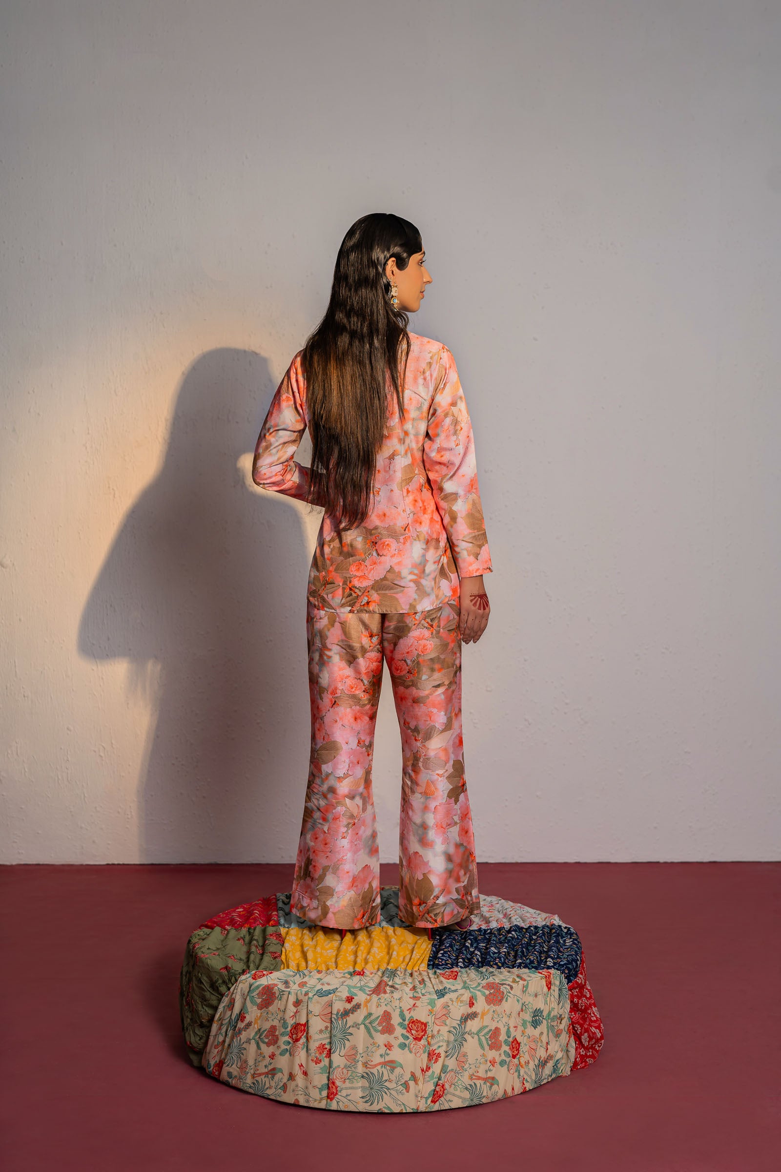 Coral Pink Print And Embroidered Blazer Suit Set image 4