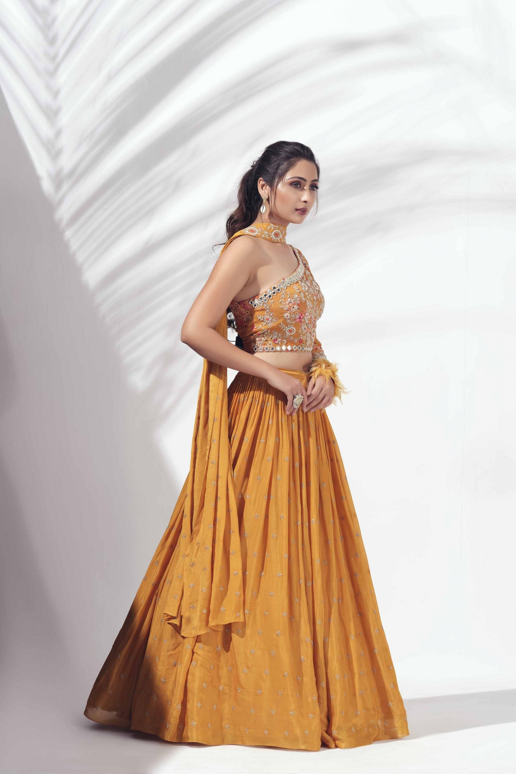 Mustard Lehenga with One Shoulder Blouse image 3