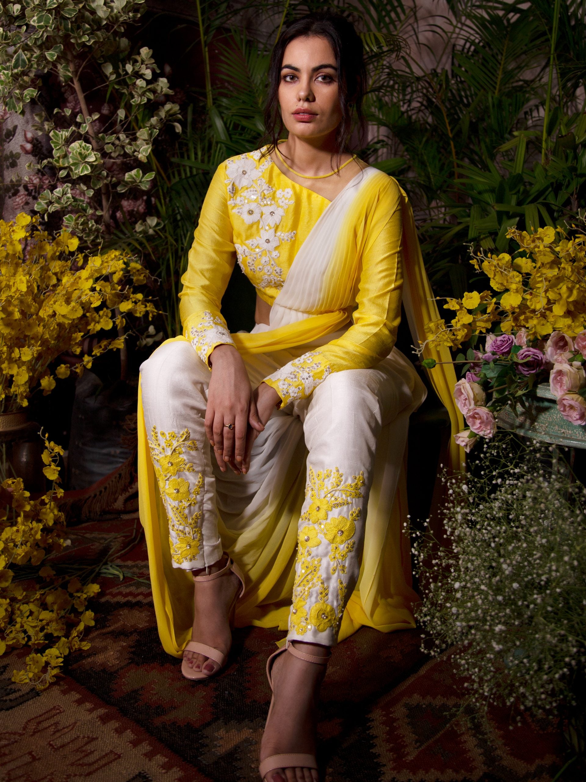 Yellow and White Pant Saree image 4
