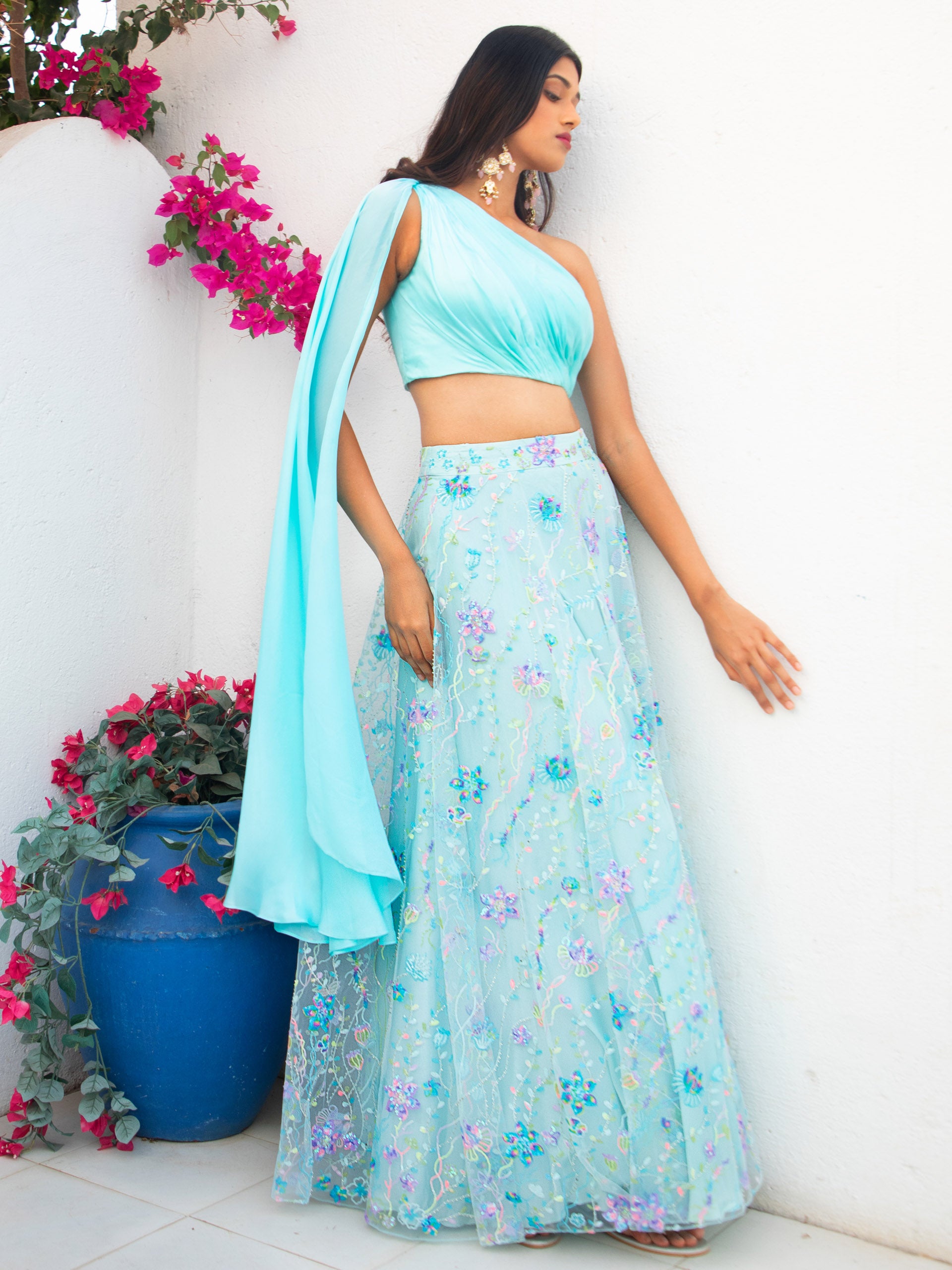 Blue Floral Multi Sequins Lehenga With Light Blue Drape Blouse image 1