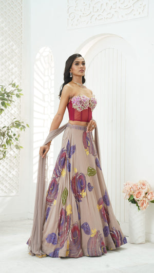 Mauve hand painted lehenga and floral corset set image 3