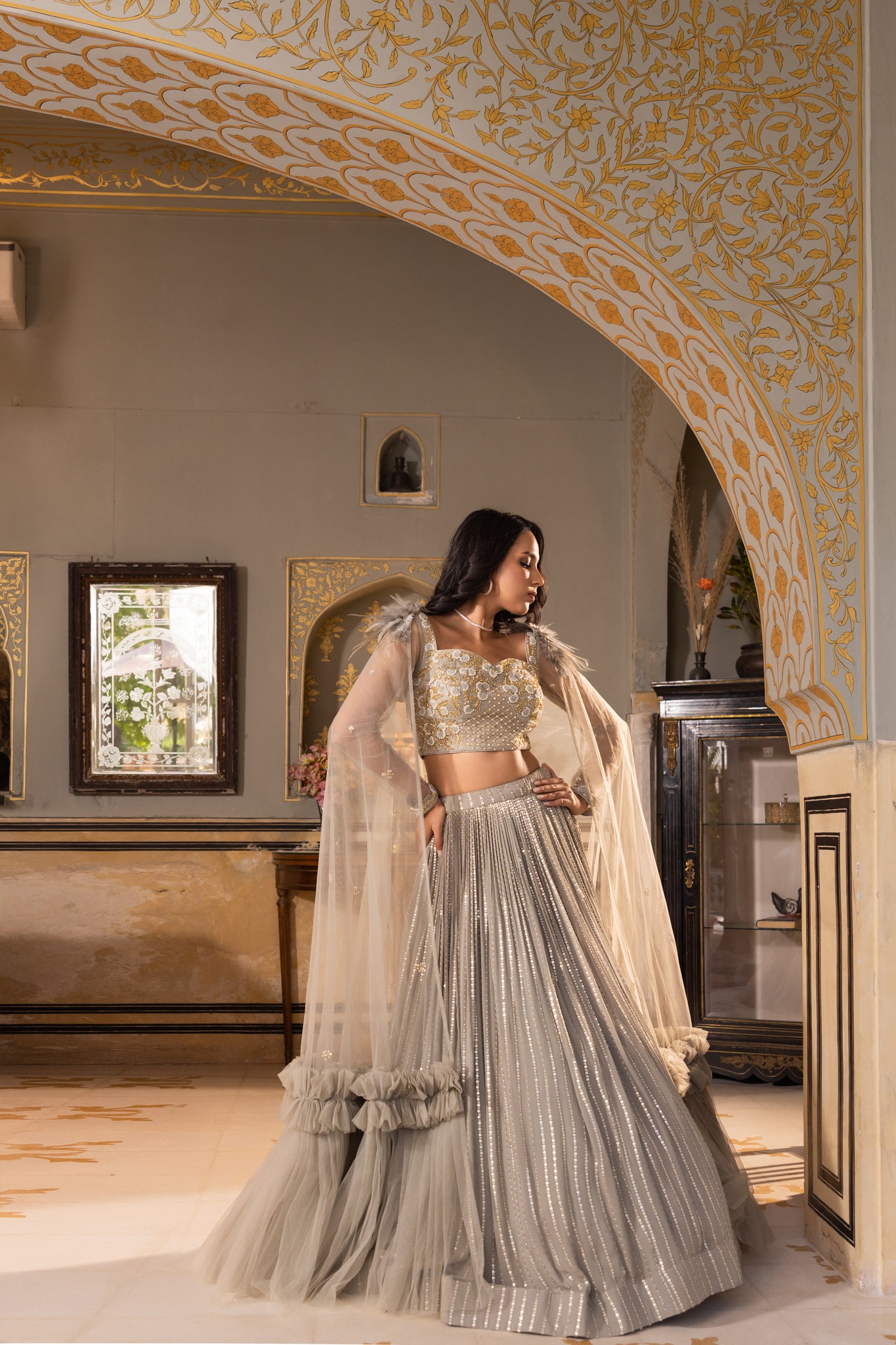 Grey Georgette Sequins Embroidered Blouse Lehenga Set image 6