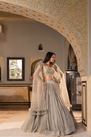 Grey Georgette Sequins Embroidered Blouse Lehenga Set image 6