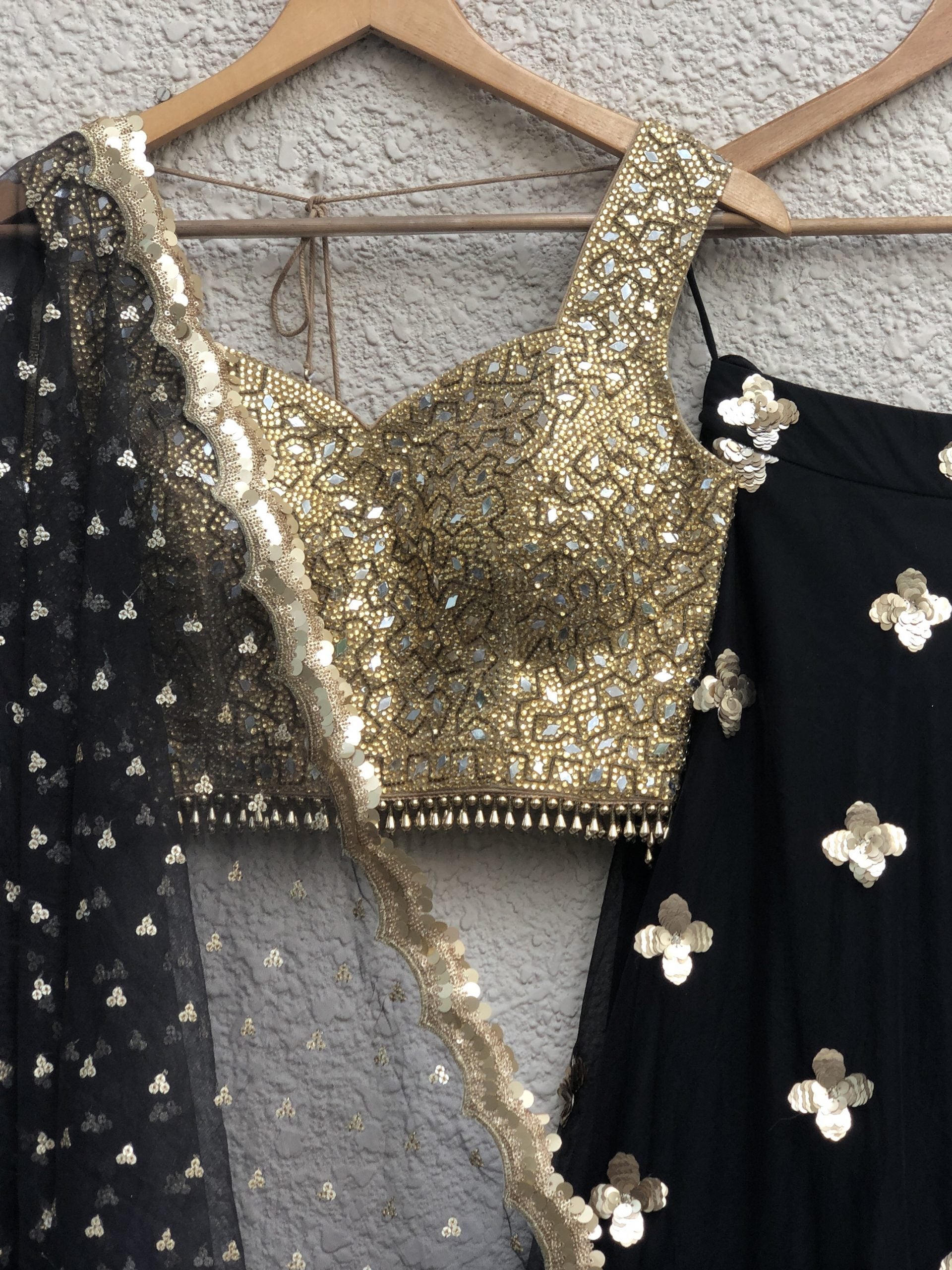 Gold Handmade Mirror Work Blouse with Black Gold Lehenga image 1