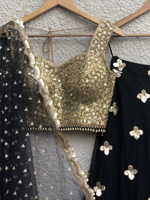 Gold Handmade Mirror Work Blouse with Black Gold Lehenga image 1
