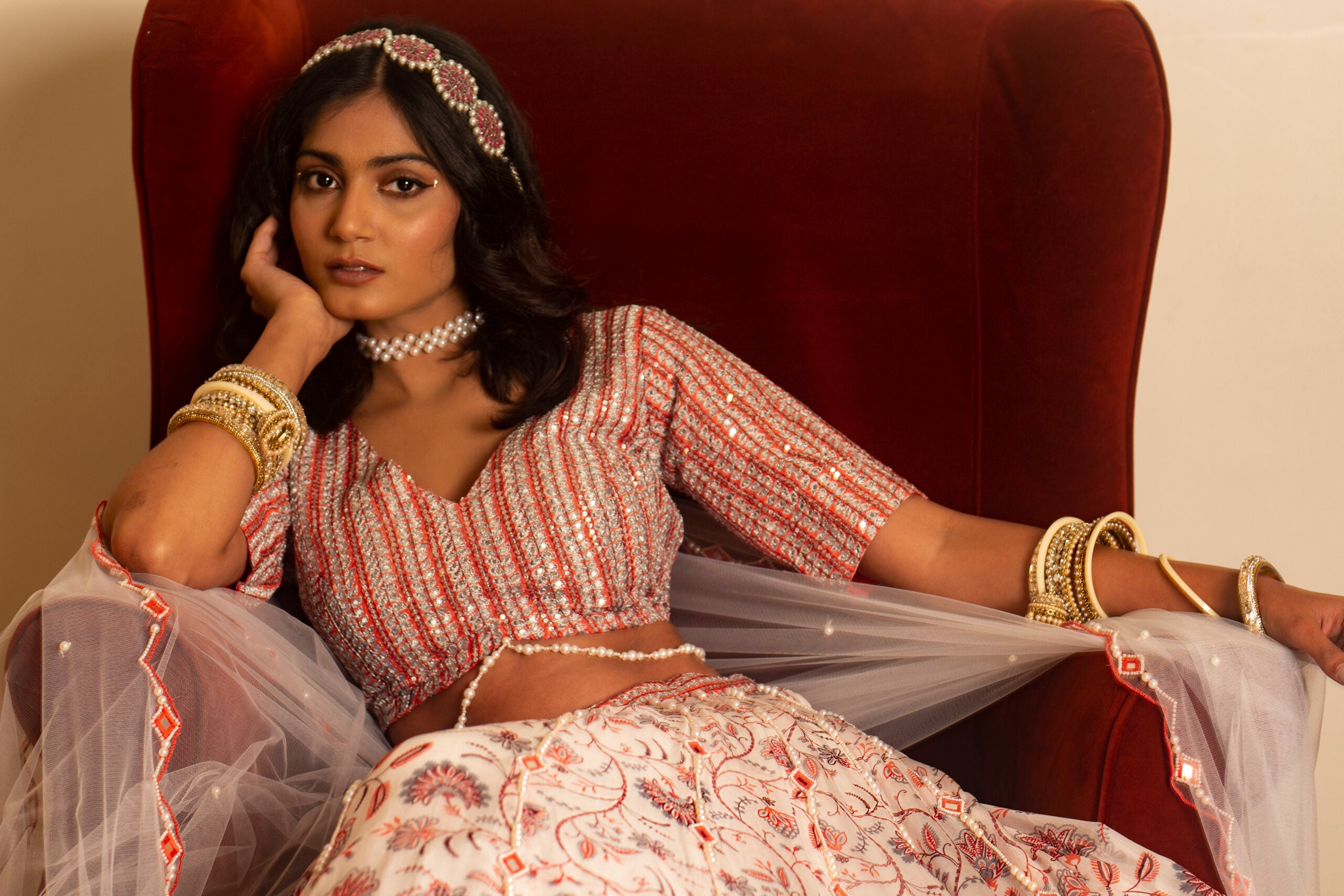 White and Peach Organza Lehenga Set image 4