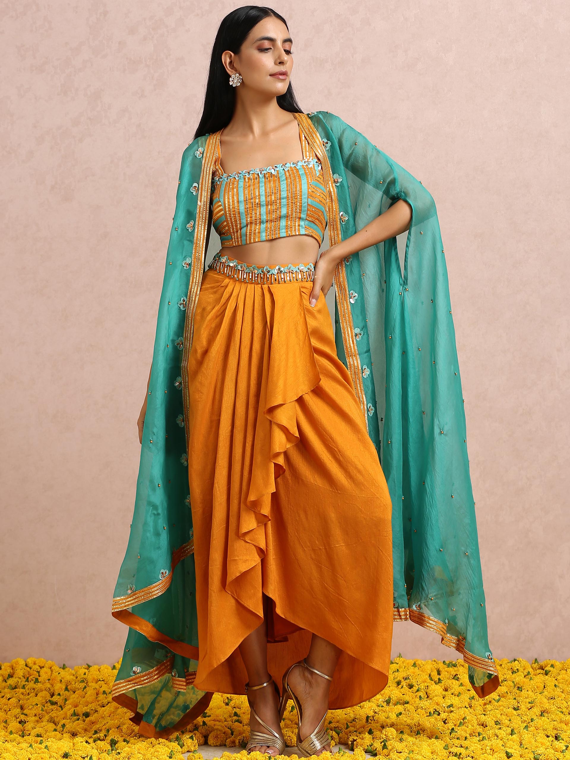 Rust Orange Dhoti Skirt Set with Teal Cape image 5