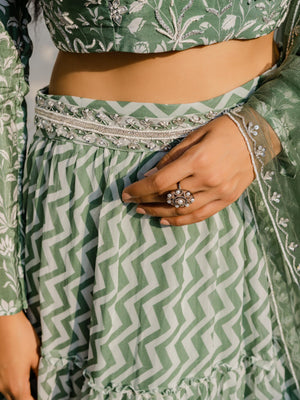 Floral Olive Green Tier Lehenga Set image 4