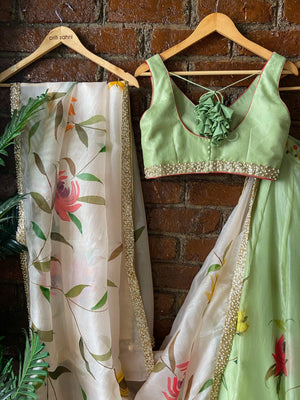 Mint Hand Painted Organza Lehenga Set image 1