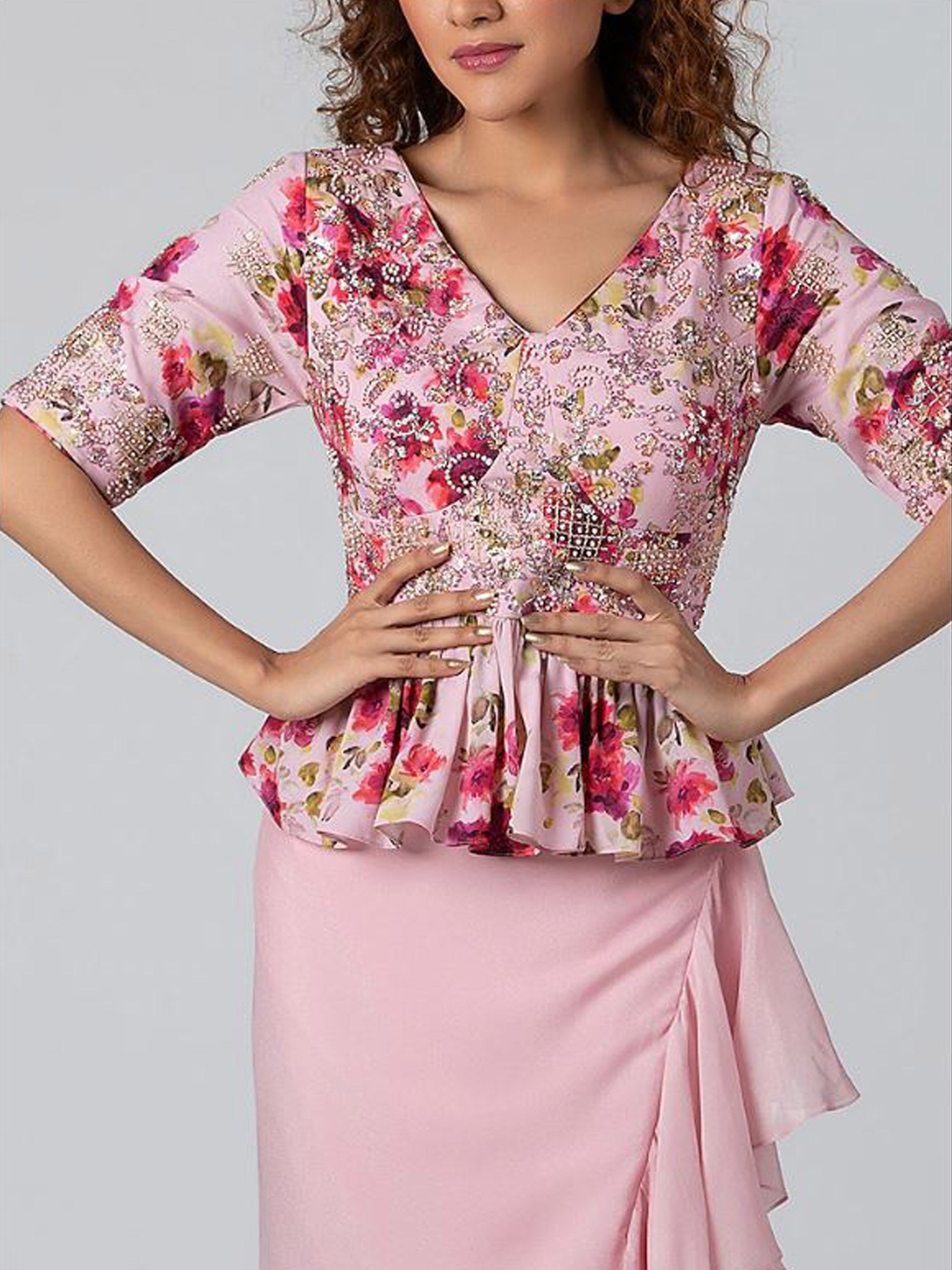 Light Pink Draped Skirt Set image 1