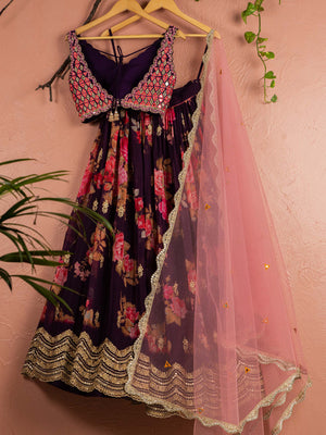Violet Floral Mirror Lehenga Set with Light Pink Dupatta image 1