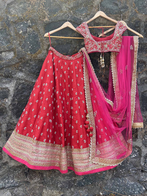 Red and Pink Bridal Lehenga image 1