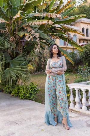 Light Blue Floral Georgette Hand Embroidered Jacket Set image 5