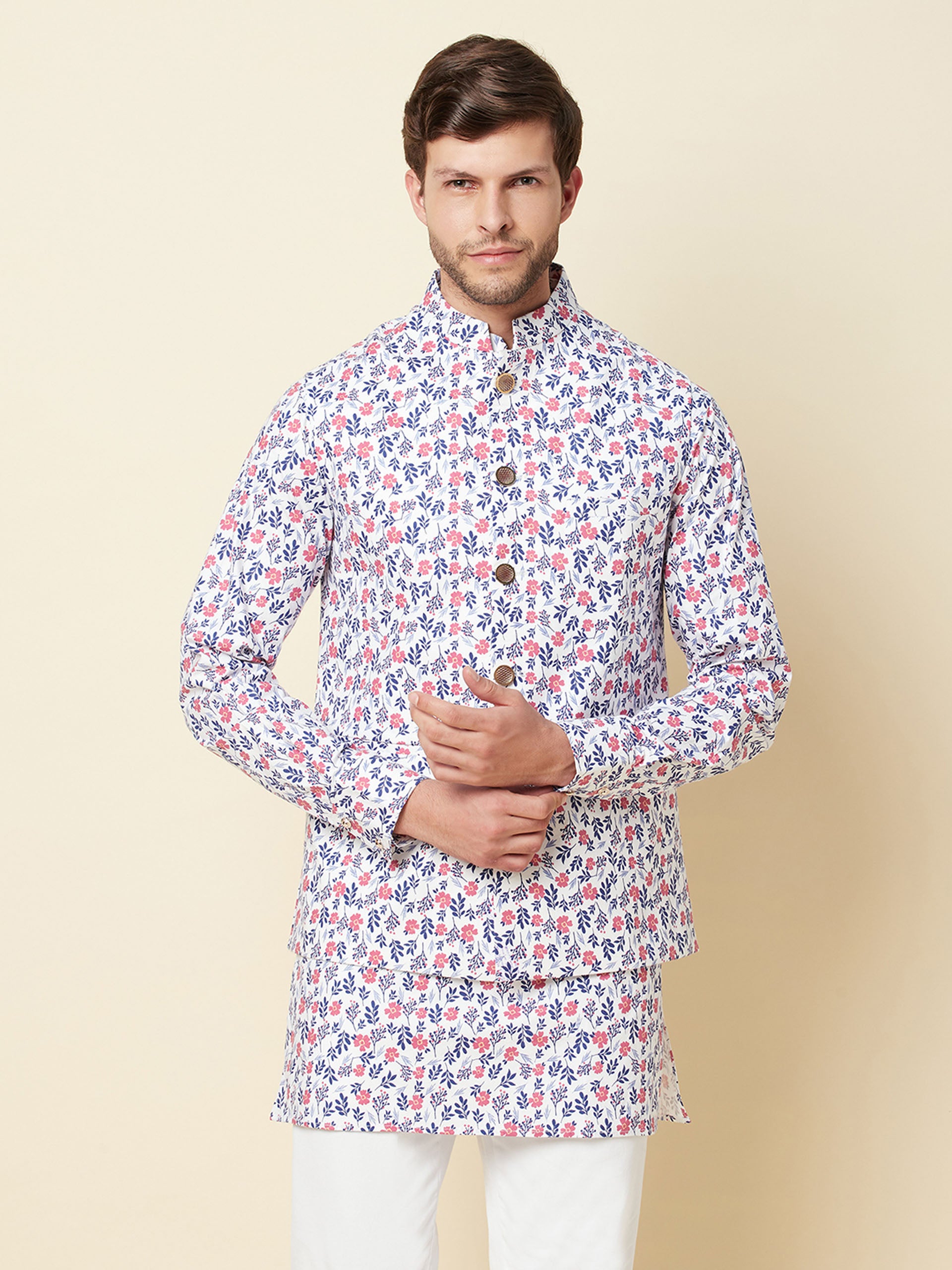 White Floral Print Jacket with Kurta Set image 2