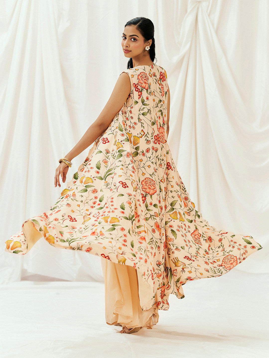 Floral White Printed Long Jacket Sharara Set with Bustier image 6