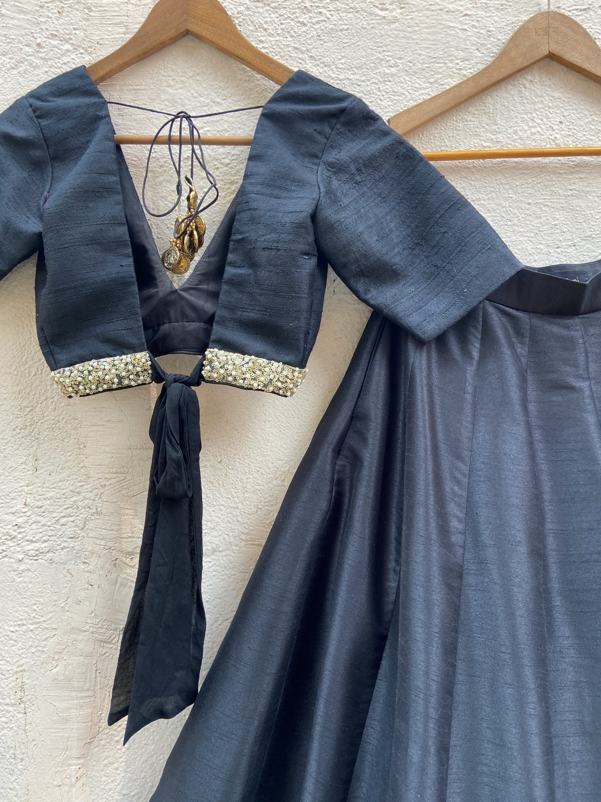 Black Raw Silk Lehenga Set with Handprinted Jacket image 3