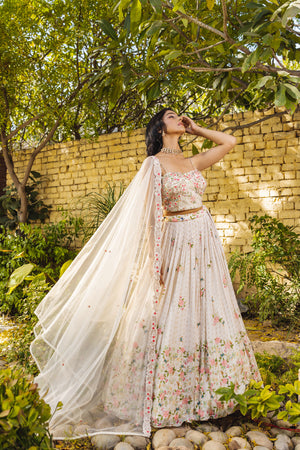Navy Blue &amp; Off-White Floral Georgette Crepe Embroidered Lehenga Set - XL image