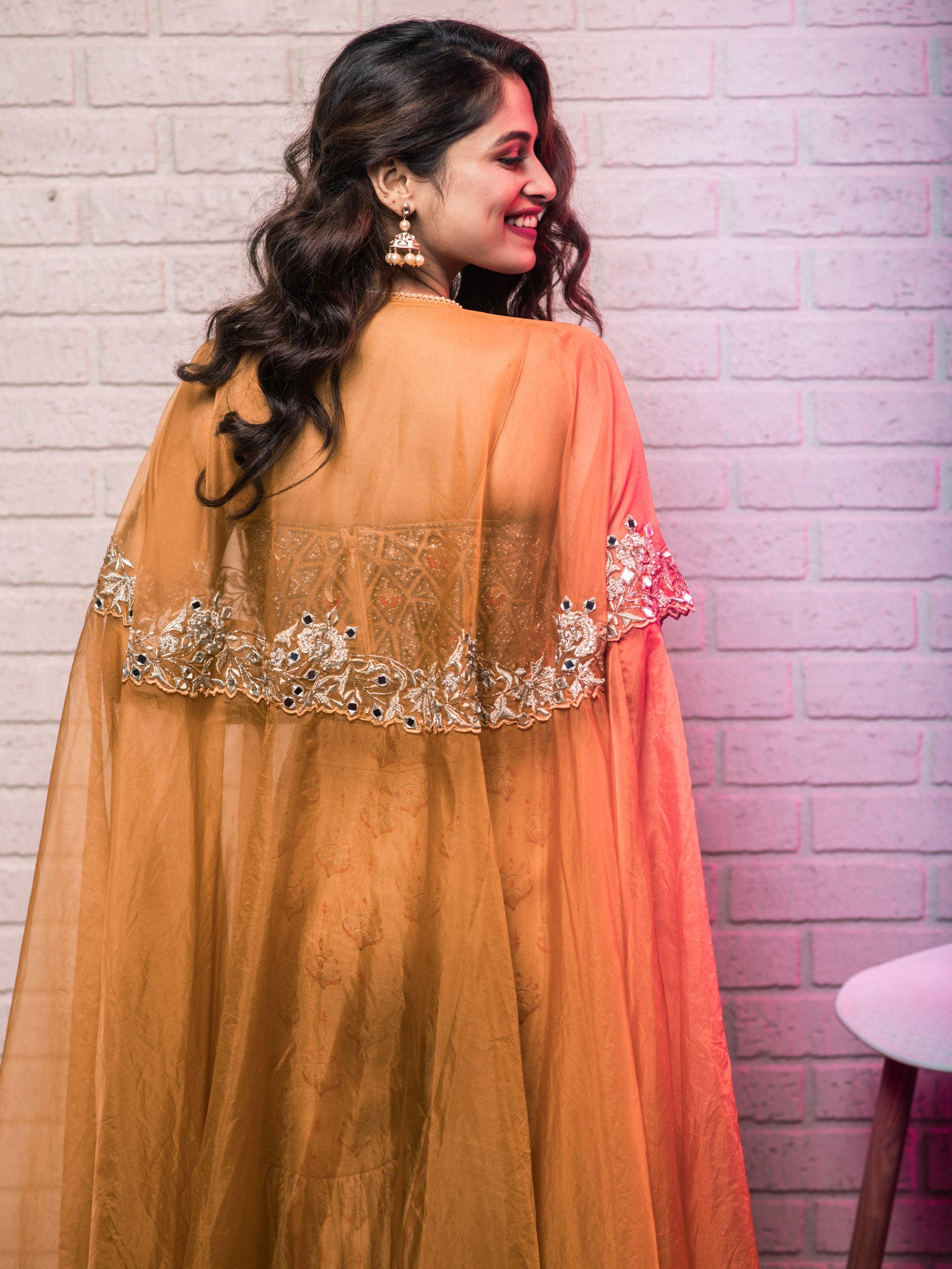 Mustard Sharara Set With Cape image 2