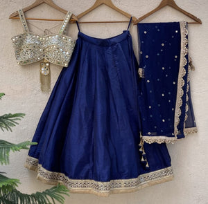 Navy Blue Lehenga Set with Sari Border image 0