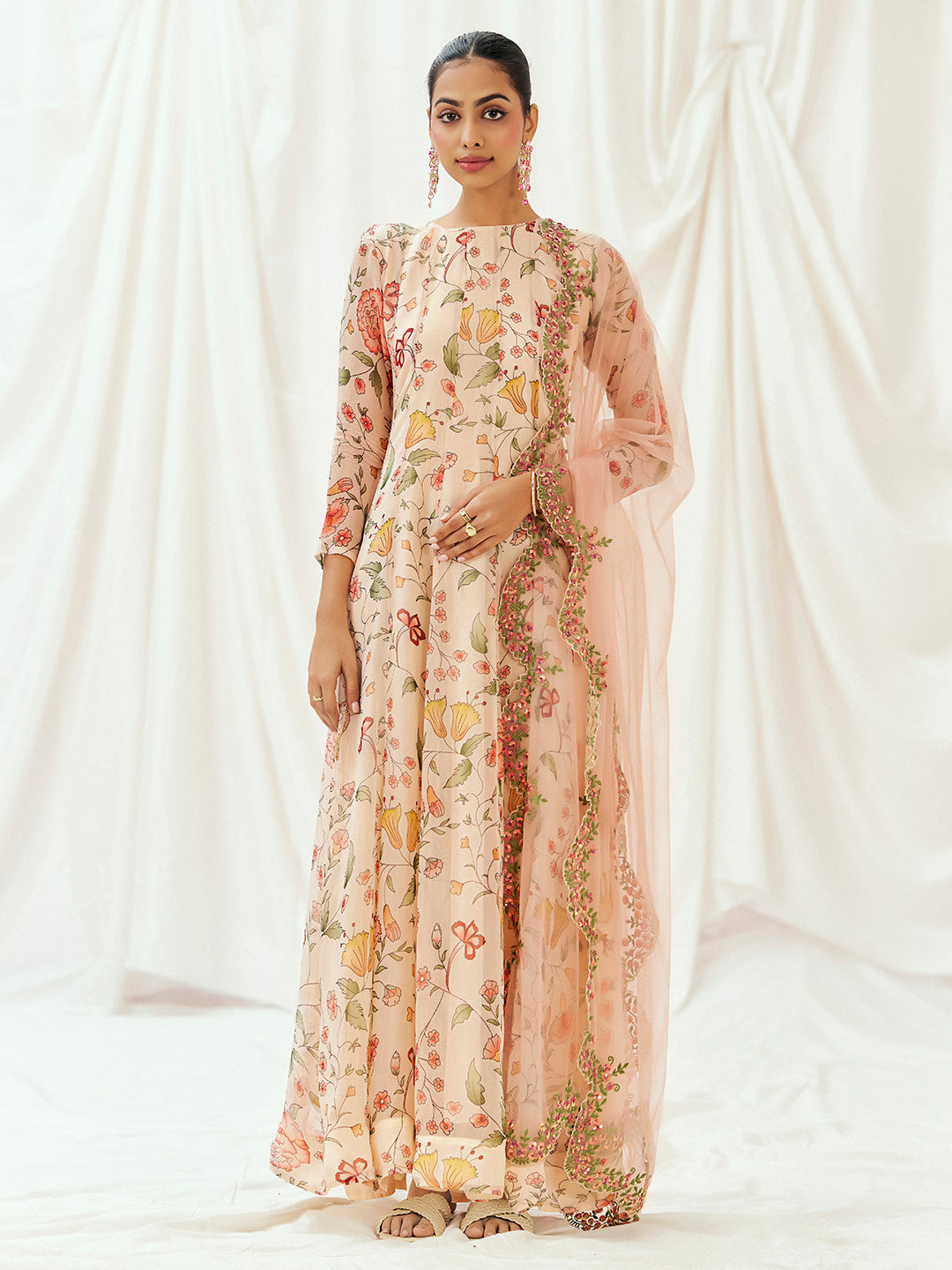 Floral White Printed Embroidered Anarkali Suit Set image 0