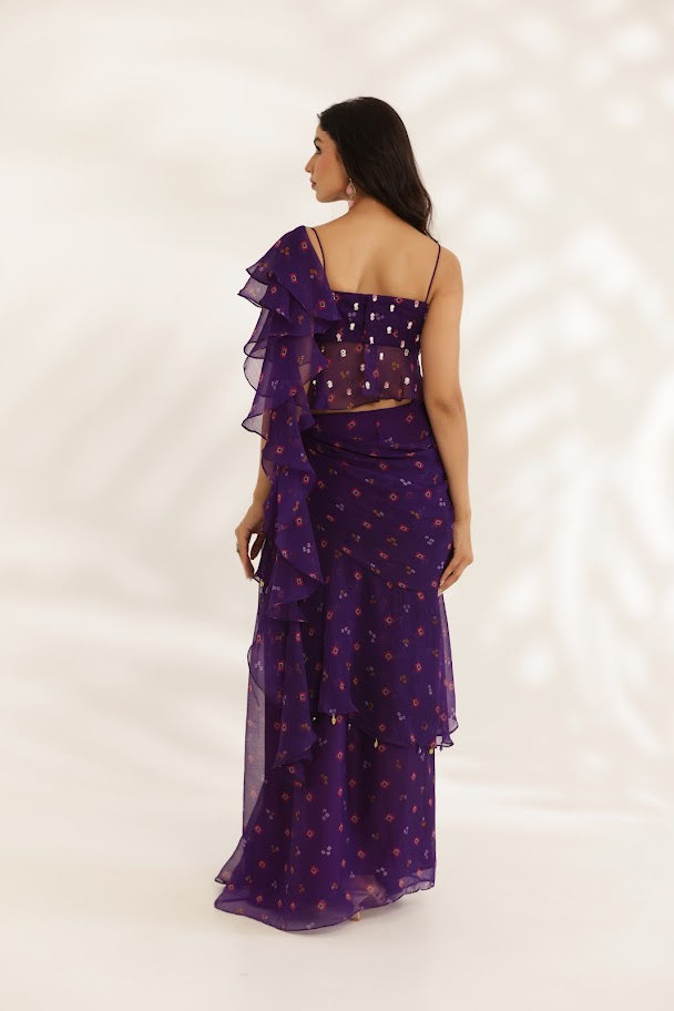 Purple Bandhani Pre-Drape Saree Set image 3