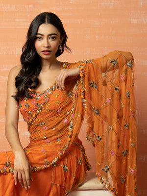 Orange Mirror Prestitched Saree Set image 1
