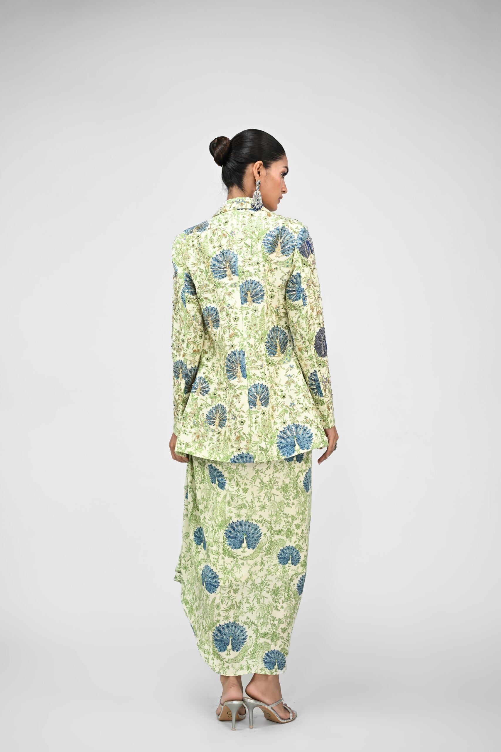 Peacock Bralette, Cowl Skirt Paired With Highlighted Peacock Blazer Set image 1