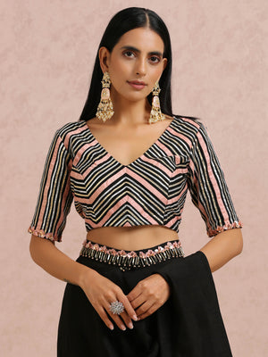 Black and Peach Pre Draped Saree Set image 1