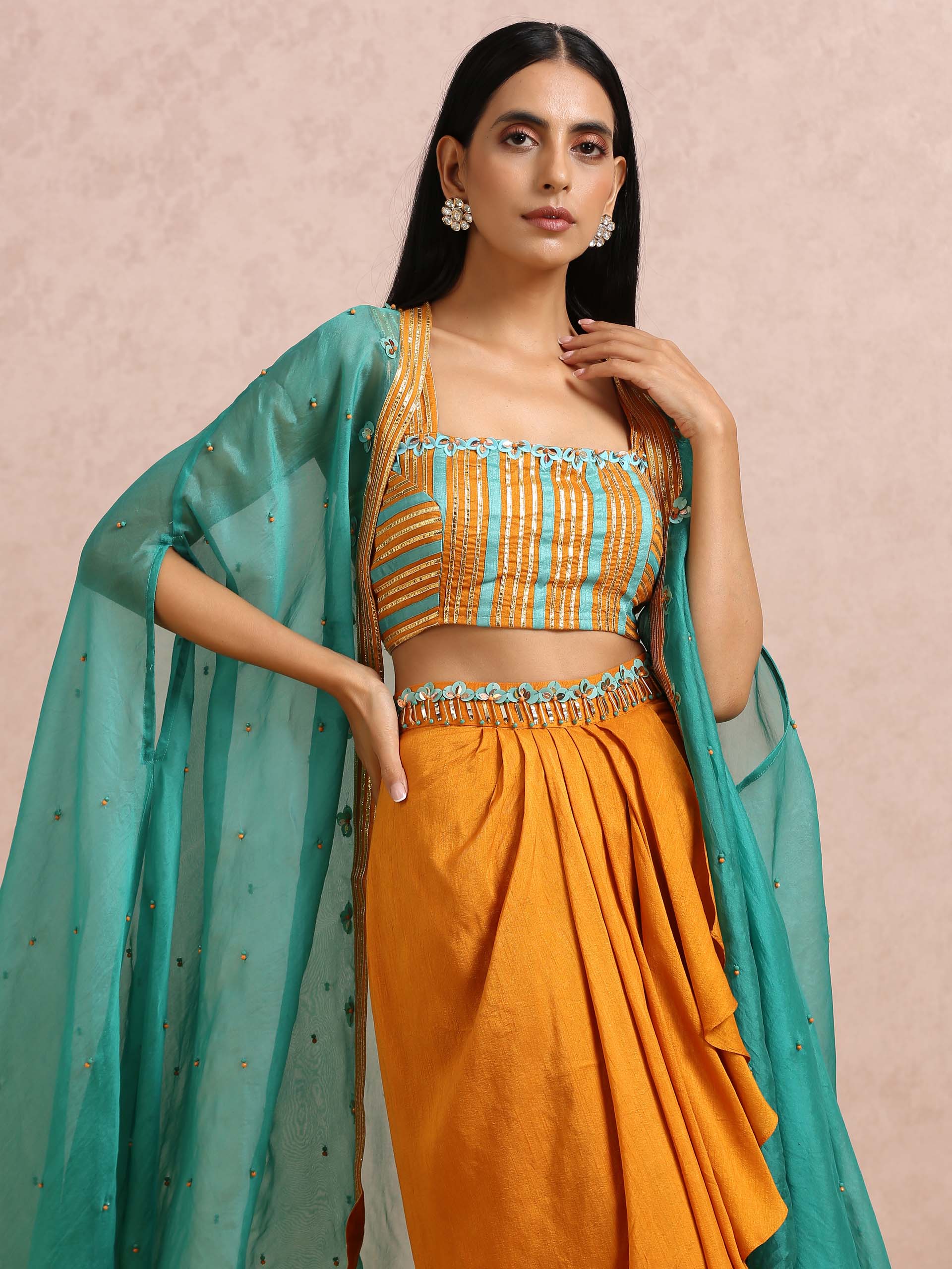Rust Orange Dhoti Skirt Set with Teal Cape image 4