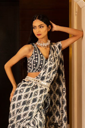 White and Blue Printed Saree Set image 4
