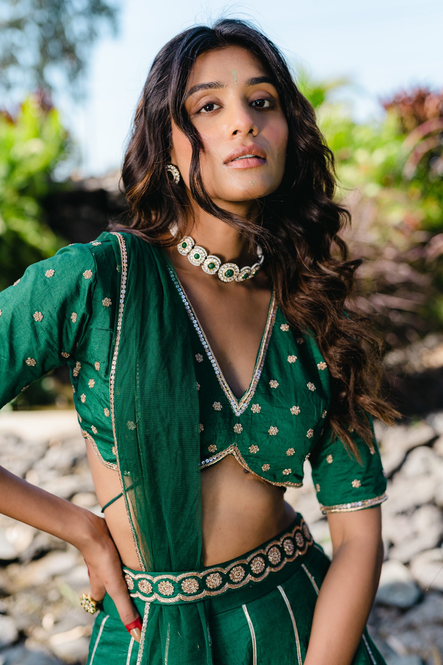 Emerald Green Embroidered Lehenga Set image 5