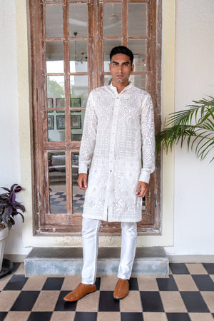 White Lucknowi Shirt Kurta Set image 1