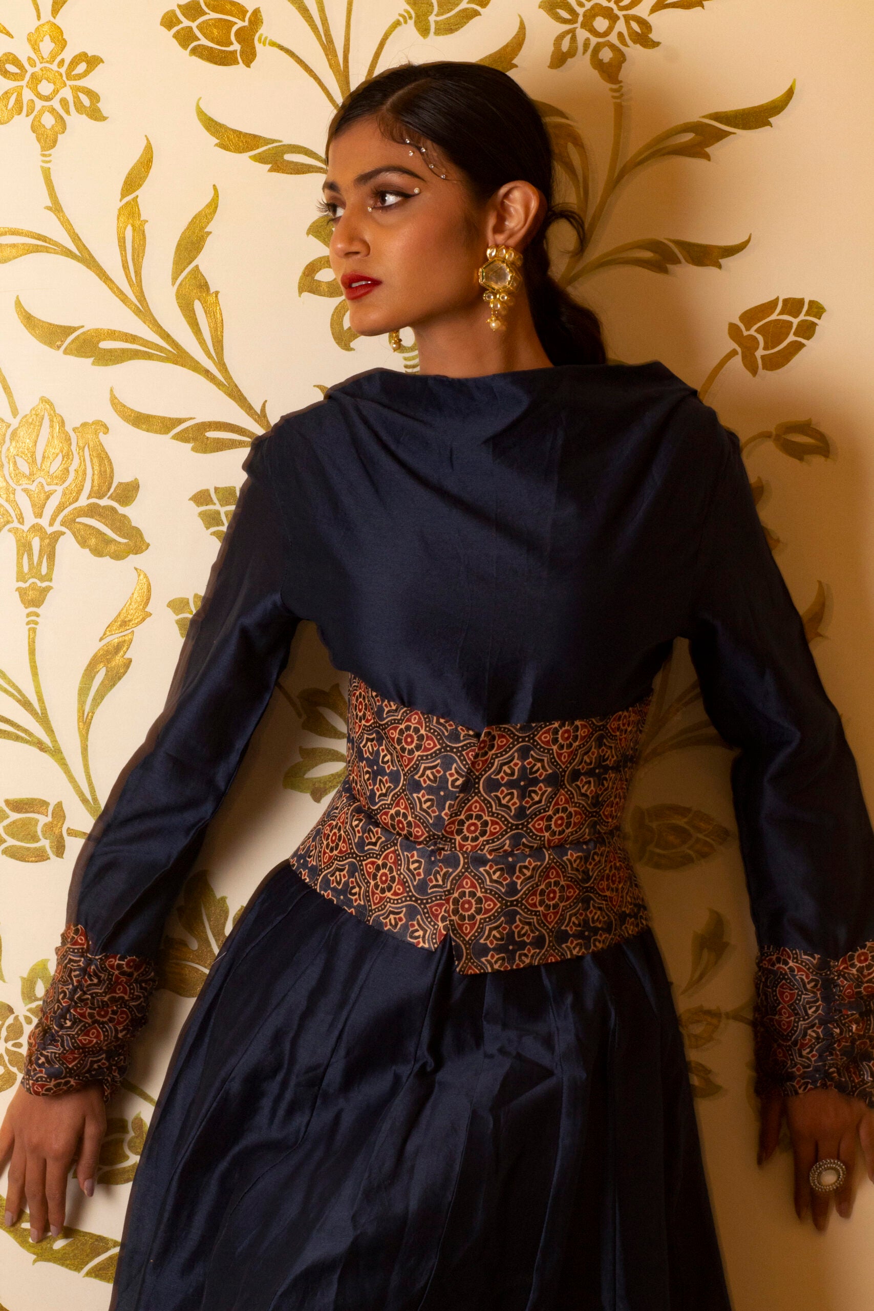 Cowl Neck Anarkali Long Dress with Corset Belt image 2