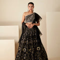 Black Georgette One Shoulder Lehenga Set image 0