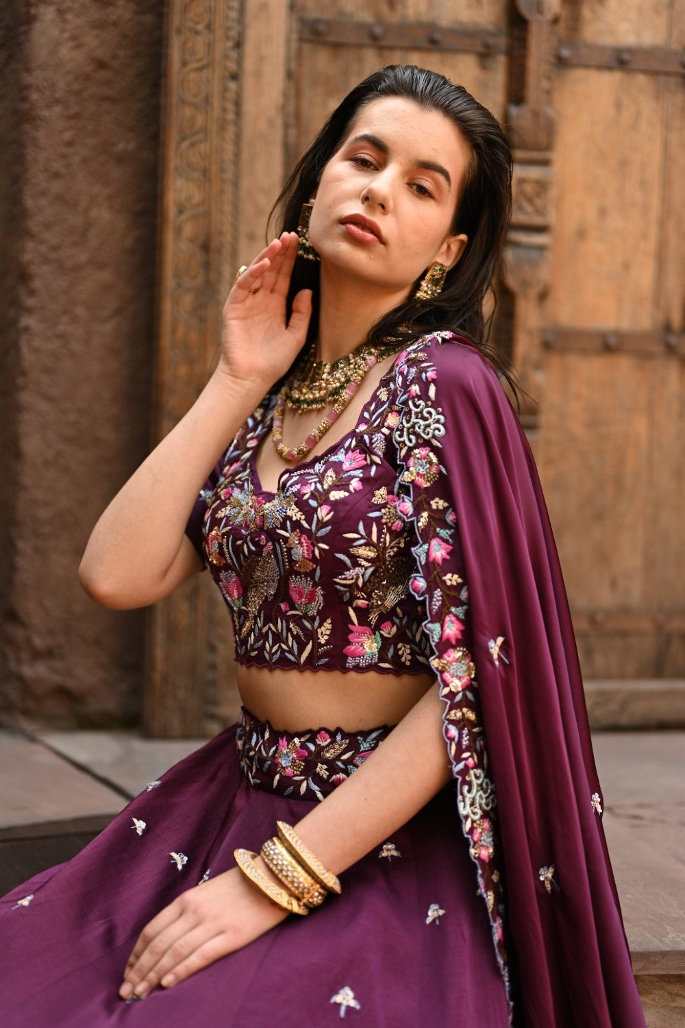 Wine Embellished Lehenga Set - XL image
