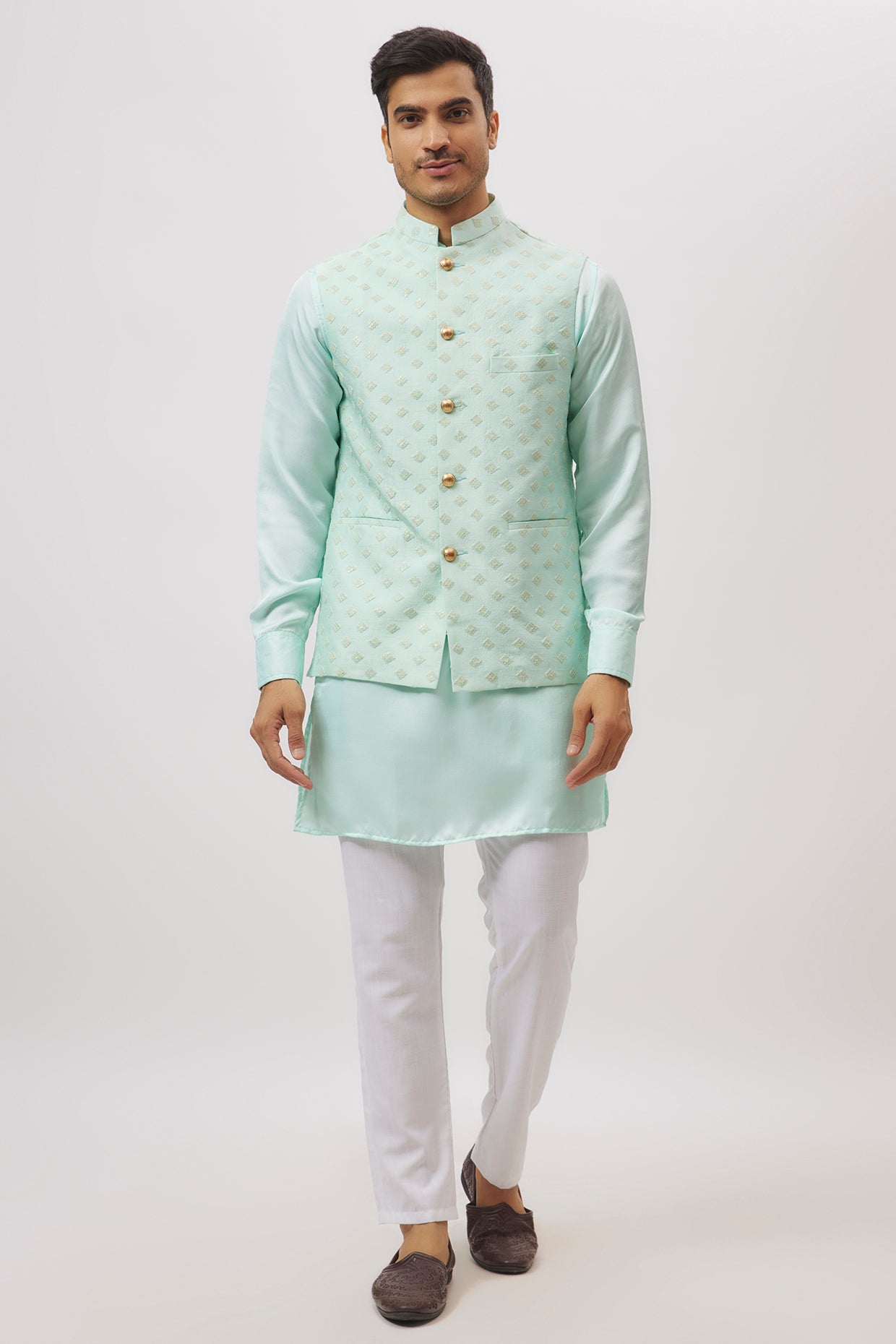 Mint Green Embroidered Jacket Kurta Set image 1