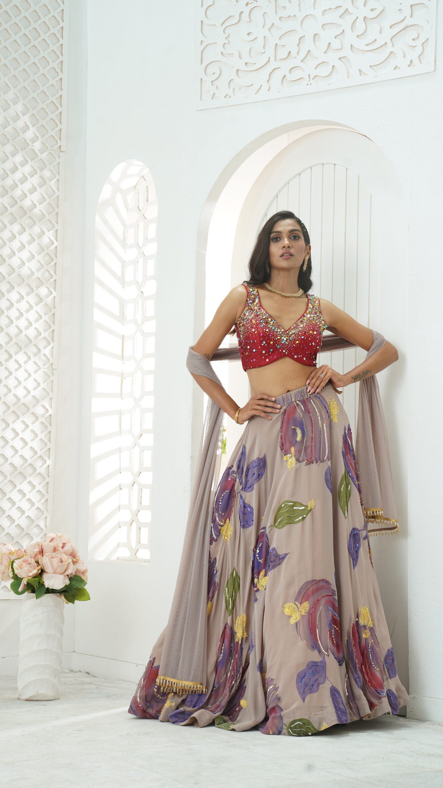 Mauve hand painted lehenga and embroidered Red blouse set image 1