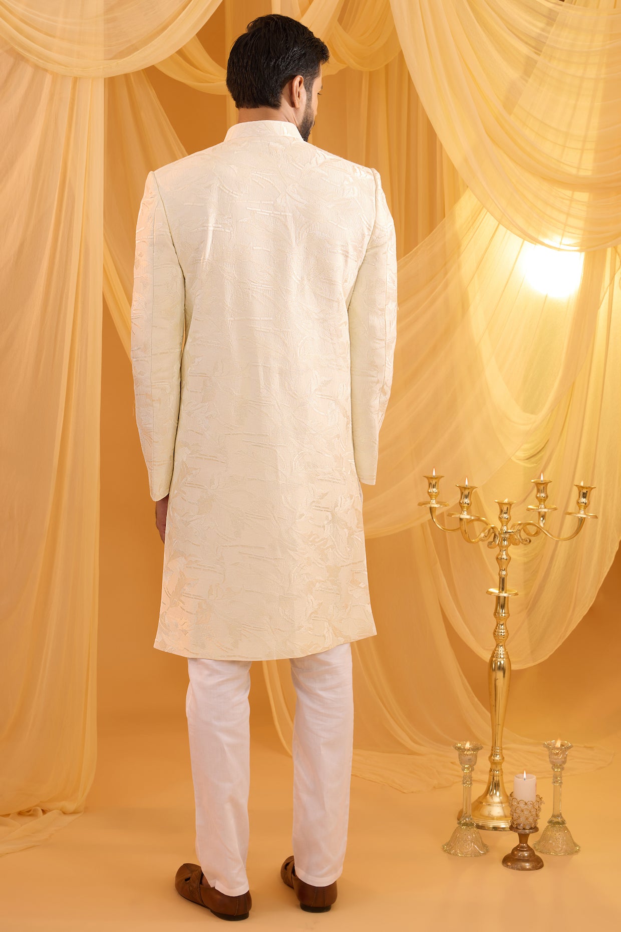 White Floral Embroidered Sherwani Set image 1