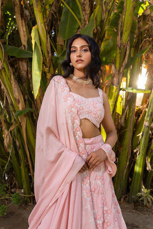 Pink Floral Georgette Embroidered Blouse Lehenga Set - XL image
