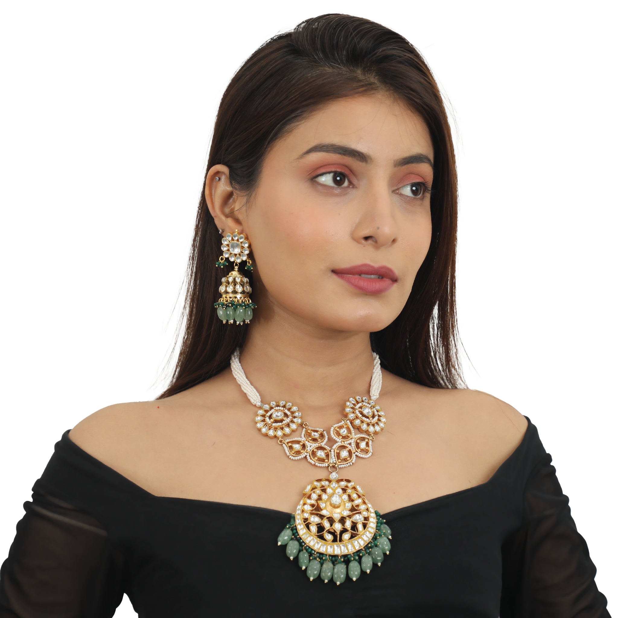 Sea Green With White Long Necklace Set image 1