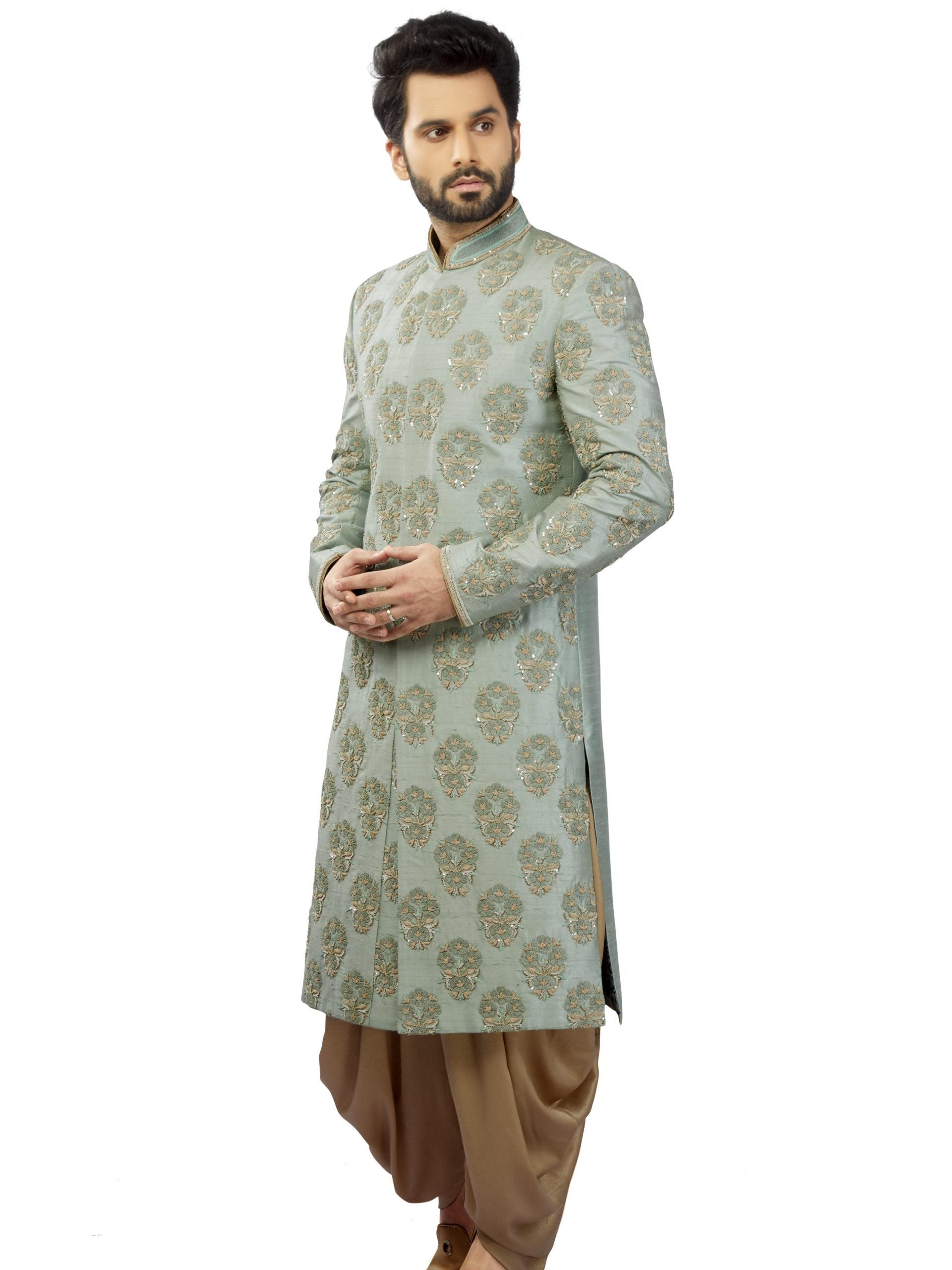 Green Raw Silk Sherwani - M image