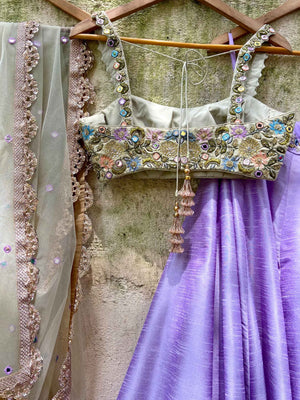 Tea Green and Lavender Mirror Lehenga Set image 3