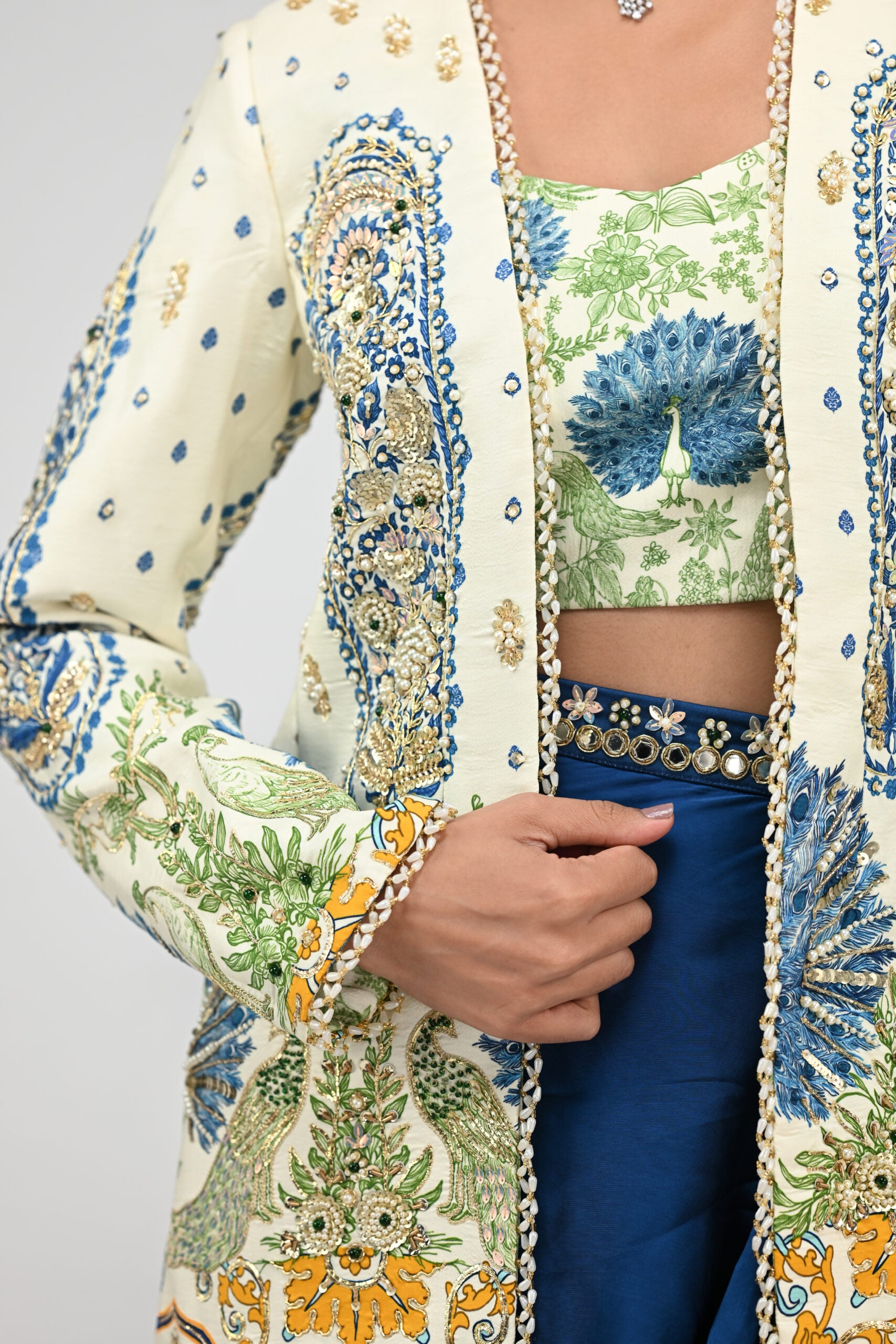 Royal Highlighted Blazer Paired With Peacock Bralette and Blue Cowl Skirt image 1